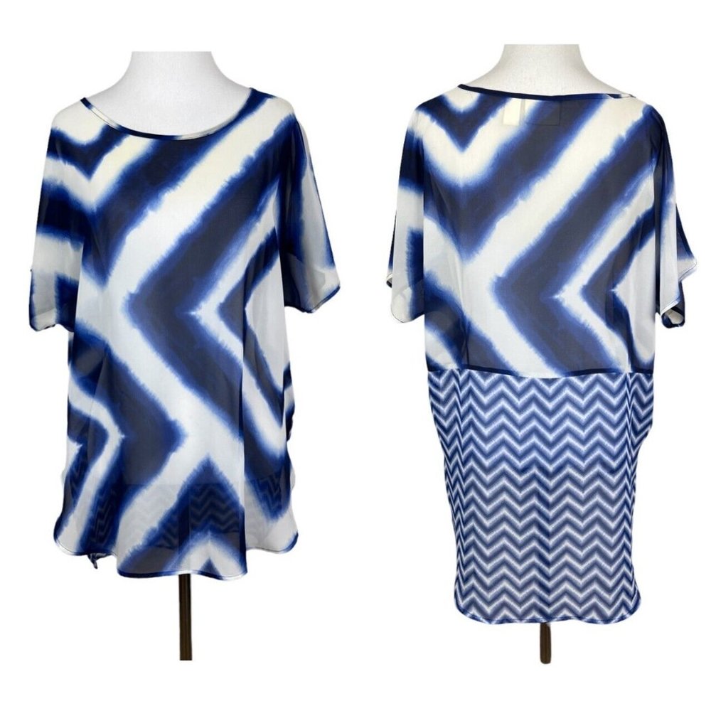 Chicos 0 Top Womens Small Blue Sheer Chevron Oversized Blouse Tunic High Low